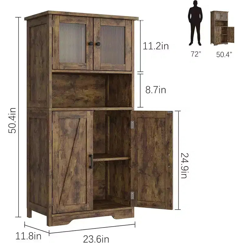 Meuble de cuisine de 137 cm de haut, meuble de rangement de style ferme avec portes vitrées et étagères réglables