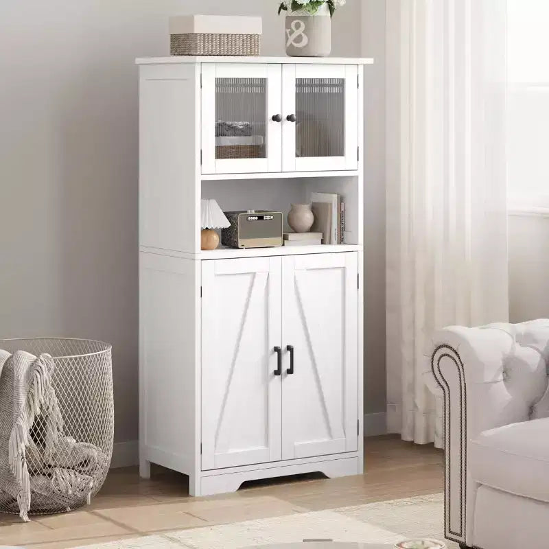 Meuble de cuisine de 137 cm de haut, meuble de rangement de style ferme avec portes vitrées et étagères réglables