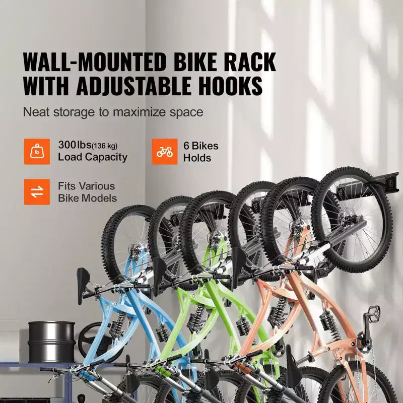 Porte-vélos VEVOR, 6 supports de vélo et 5 crochets pour casques, support de rangement mural pour vélos, organisateur pour maison et garage