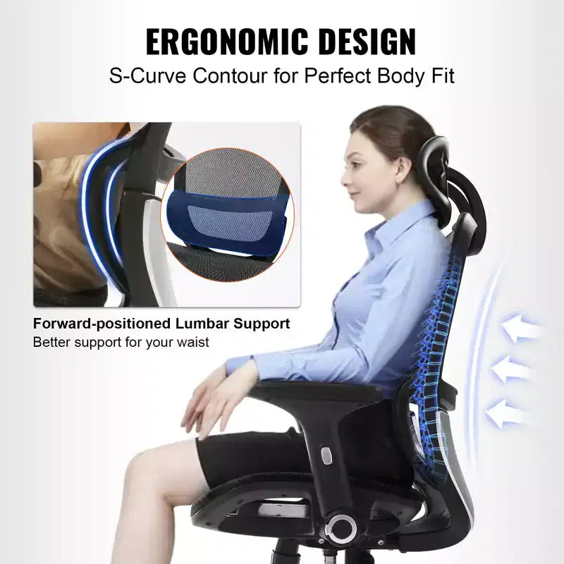 Chaise de bureau en maille VEVOR, chaise de bureau réglable à dossier haut avec siège en maille, chaise de bureau à domicile réglable en angle et en hauteur avec support lombaire et appui-tête