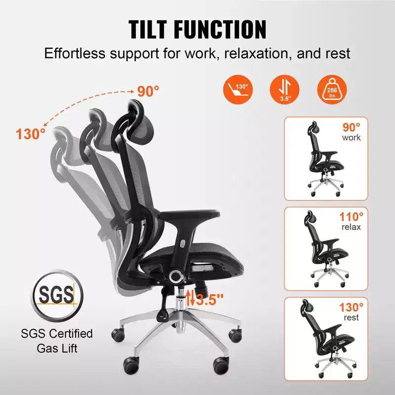 Chaise de bureau en maille VEVOR, chaise de bureau réglable à dossier haut avec siège en maille, chaise de bureau à domicile réglable en angle et en hauteur avec support lombaire et appui-tête