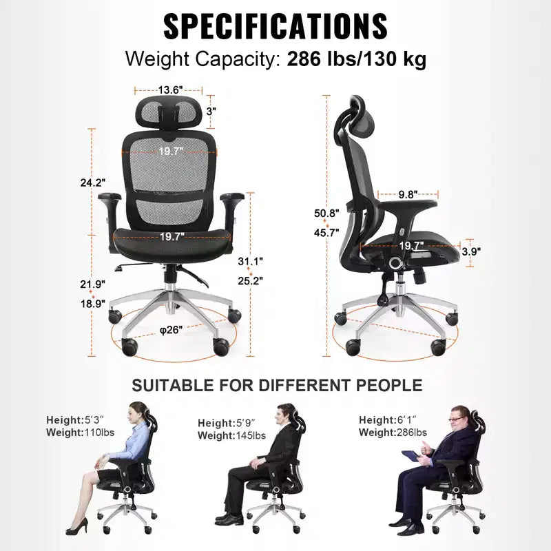 Chaise de bureau en maille VEVOR, chaise de bureau réglable à dossier haut avec siège en maille, chaise de bureau à domicile réglable en angle et en hauteur avec support lombaire et appui-tête