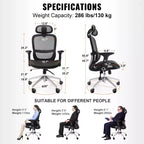 Chaise de bureau en maille VEVOR, chaise de bureau réglable à dossier haut avec siège en maille, chaise de bureau à domicile réglable en angle et en hauteur avec support lombaire et appui-tête