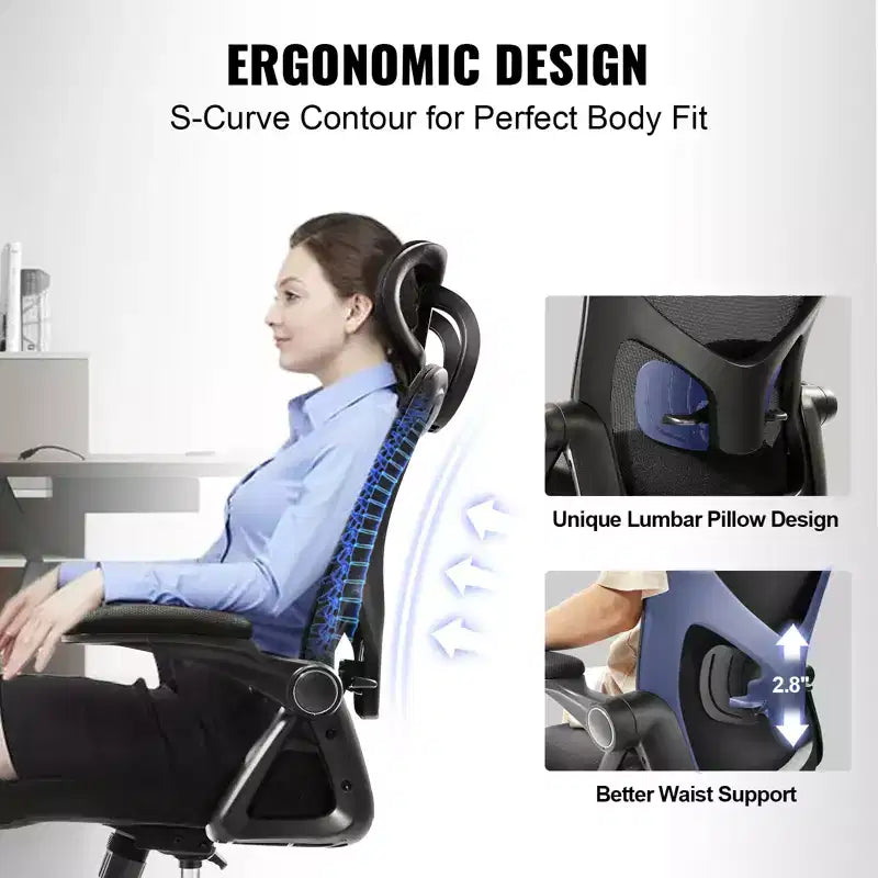 Chaise de bureau VEVOR avec support lombaire réglable, chaise de bureau ergonomique à dossier haut avec appui-tête réglable, dossier de chaise de bureau ergonomique