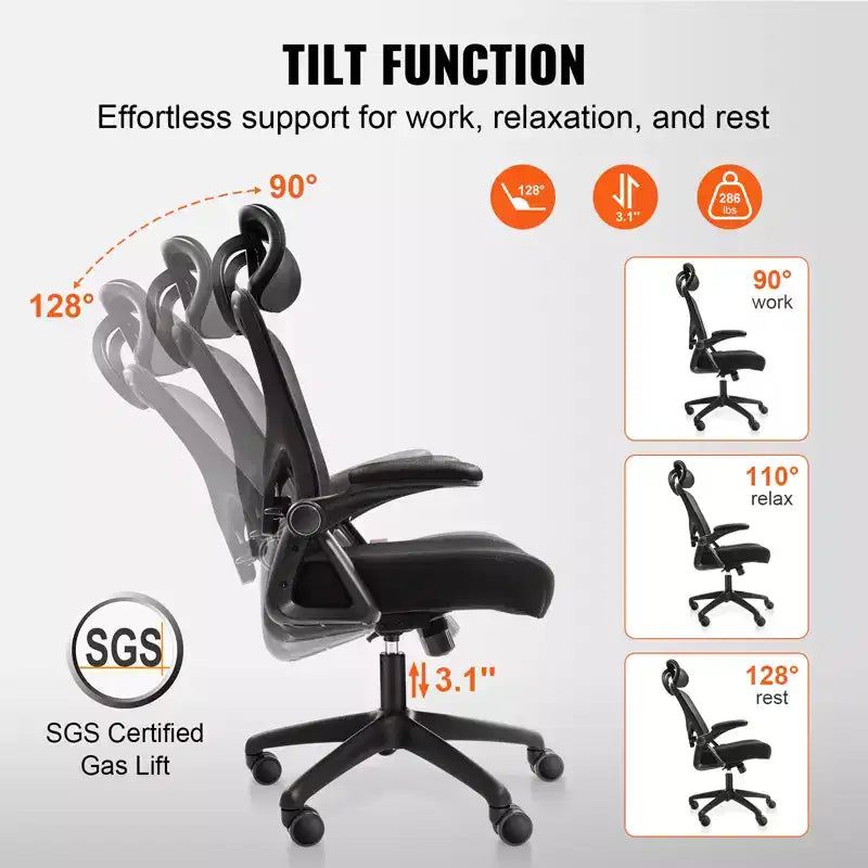 Chaise de bureau VEVOR avec support lombaire réglable, chaise de bureau ergonomique à dossier haut avec appui-tête réglable, dossier de chaise de bureau ergonomique