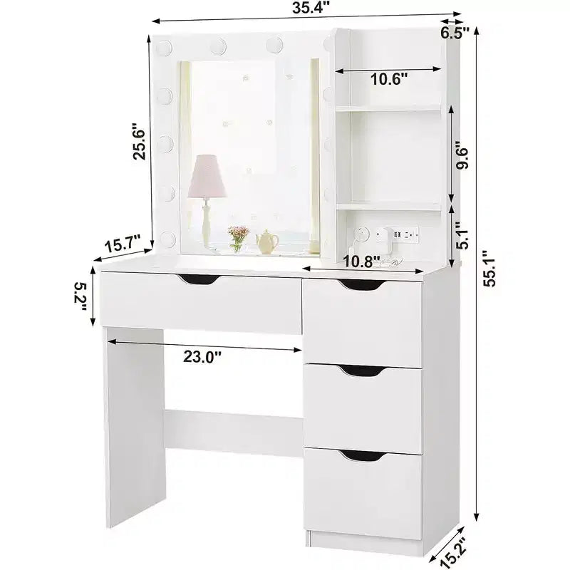 Coiffeuse avec miroir et lumières, 3 modes d'éclairage Coiffeuse avec 4 tiroirs et multiprise intégrée