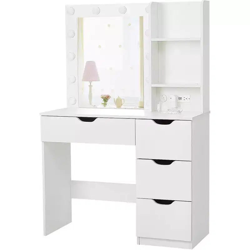 Coiffeuse avec miroir et lumières, 3 modes d'éclairage Coiffeuse avec 4 tiroirs et multiprise intégrée