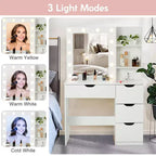 Coiffeuse avec miroir et lumières, 3 modes d'éclairage Coiffeuse avec 4 tiroirs et multiprise intégrée