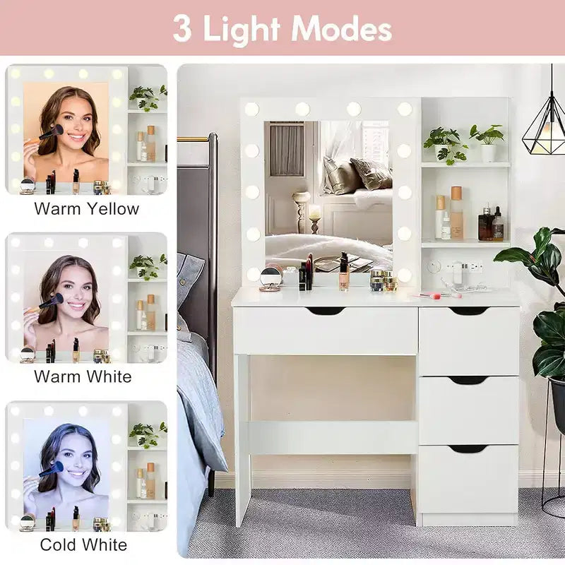 Coiffeuse avec miroir et lumières, 3 modes d'éclairage Coiffeuse avec 4 tiroirs et multiprise intégrée