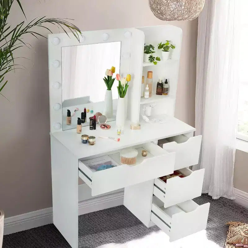 Coiffeuse avec miroir et lumières, 3 modes d'éclairage Coiffeuse avec 4 tiroirs et multiprise intégrée