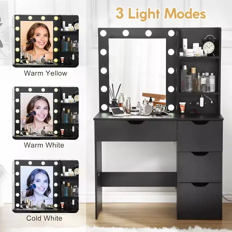 Coiffeuse avec miroir et lumières, 3 modes d'éclairage Coiffeuse avec 4 tiroirs et multiprise intégrée