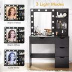 Coiffeuse avec miroir et lumières, 3 modes d'éclairage Coiffeuse avec 4 tiroirs et multiprise intégrée