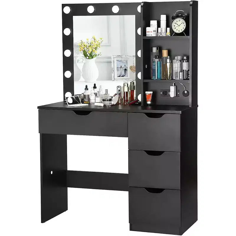 Coiffeuse avec miroir et lumières, 3 modes d'éclairage Coiffeuse avec 4 tiroirs et multiprise intégrée