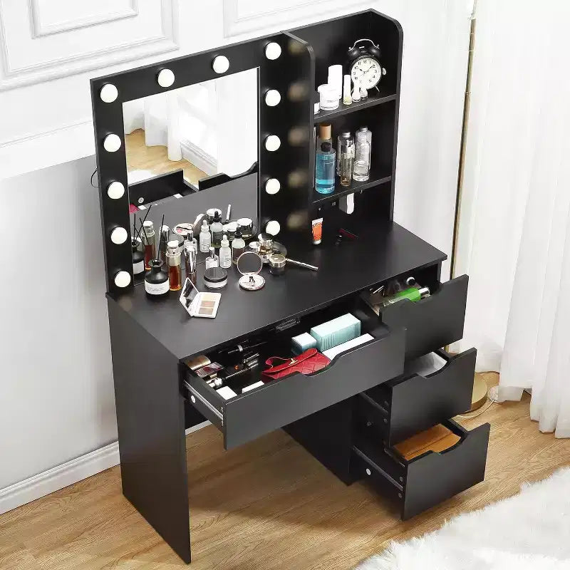 Coiffeuse avec miroir et lumières, 3 modes d'éclairage Coiffeuse avec 4 tiroirs et multiprise intégrée