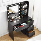 Coiffeuse avec miroir et lumières, 3 modes d'éclairage Coiffeuse avec 4 tiroirs et multiprise intégrée