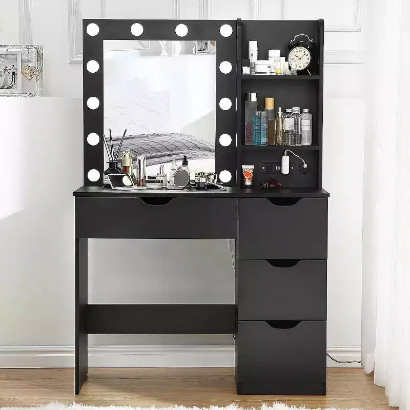 Coiffeuse avec miroir et lumières, 3 modes d'éclairage Coiffeuse avec 4 tiroirs et multiprise intégrée