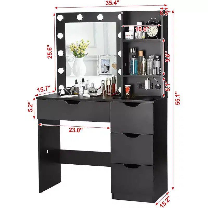 Coiffeuse avec miroir et lumières, 3 modes d'éclairage Coiffeuse avec 4 tiroirs et multiprise intégrée