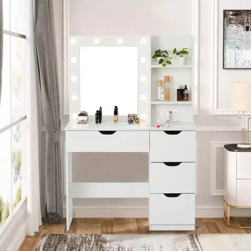 Coiffeuse avec miroir et lumières, 3 modes d'éclairage Coiffeuse avec 4 tiroirs et multiprise intégrée