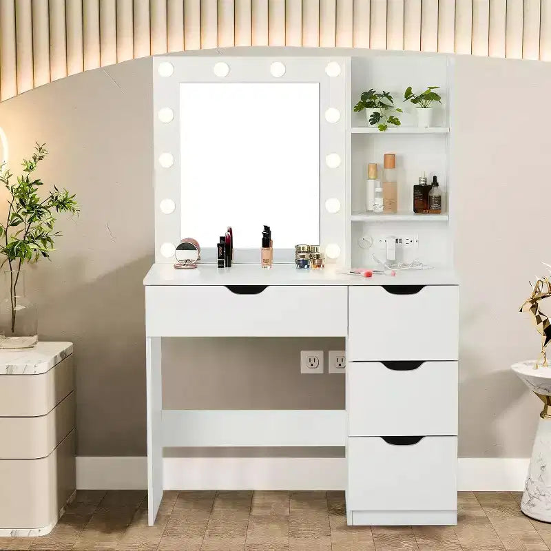 Coiffeuse avec miroir et lumières, 3 modes d'éclairage Coiffeuse avec 4 tiroirs et multiprise intégrée