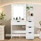 Coiffeuse avec miroir et lumières, 3 modes d'éclairage Coiffeuse avec 4 tiroirs et multiprise intégrée