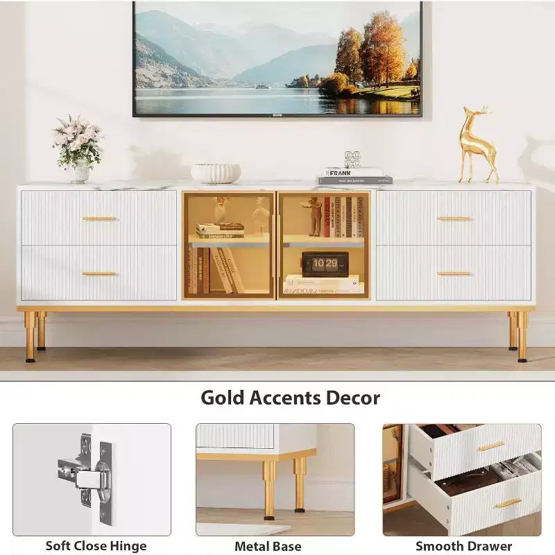 Meuble TV de 65 pouces avec lumières LED, centre de divertissement moderne pour téléviseurs jusqu'à 75 pouces, portes vitrées, motif ondulé, 4 tiroirs, pour salon