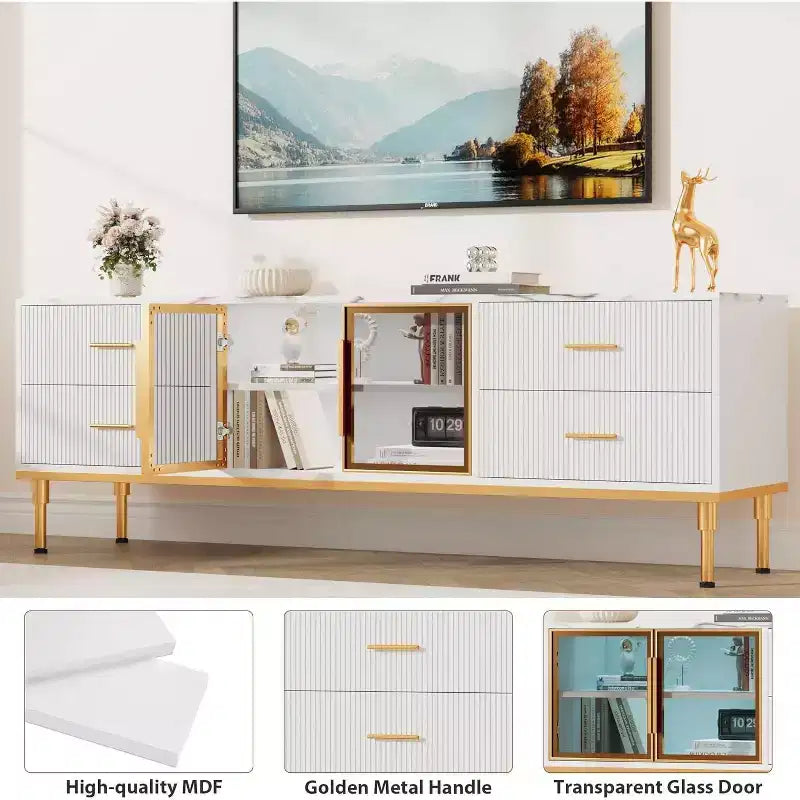 Meuble TV de 65 pouces avec lumières LED, centre de divertissement moderne pour téléviseurs jusqu'à 75 pouces, portes vitrées, motif ondulé, 4 tiroirs, pour salon