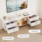 Meuble TV de 65 pouces avec lumières LED, centre de divertissement moderne pour téléviseurs jusqu'à 75 pouces, portes vitrées, motif ondulé, 4 tiroirs, pour salon