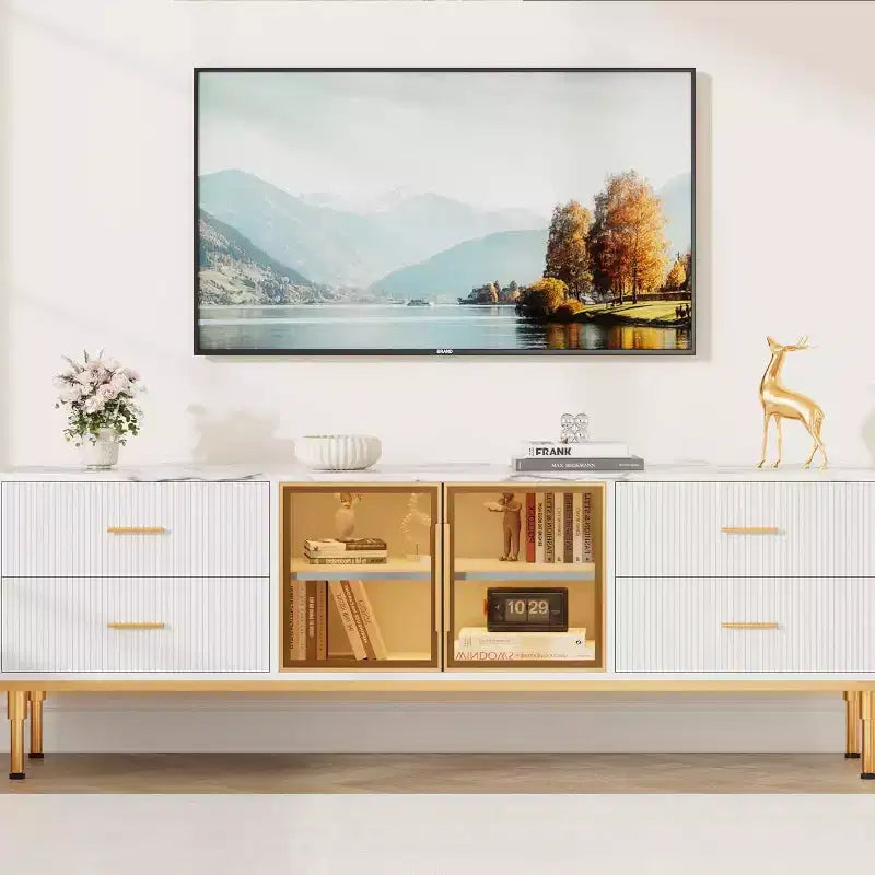 Meuble TV de 65 pouces avec lumières LED, centre de divertissement moderne pour téléviseurs jusqu'à 75 pouces, portes vitrées, motif ondulé, 4 tiroirs, pour salon