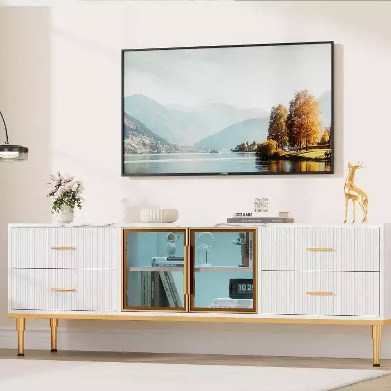 Meuble TV de 65 pouces avec lumières LED, centre de divertissement moderne pour téléviseurs jusqu'à 75 pouces, portes vitrées, motif ondulé, 4 tiroirs, pour salon