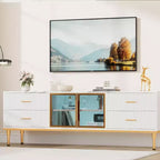 Meuble TV de 65 pouces avec lumières LED, centre de divertissement moderne pour téléviseurs jusqu'à 75 pouces, portes vitrées, motif ondulé, 4 tiroirs, pour salon