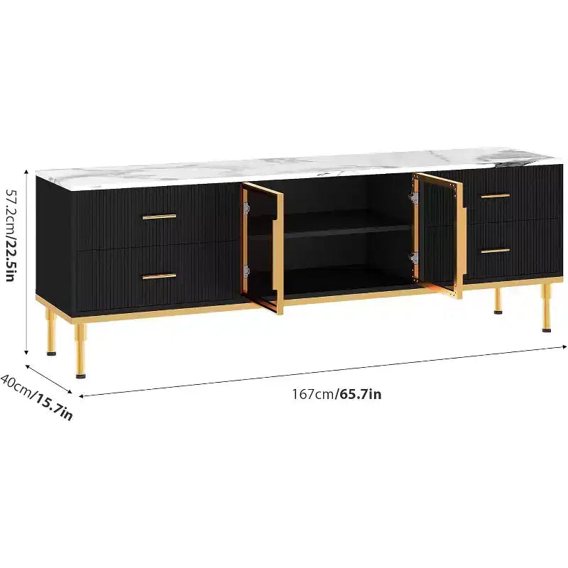 Meuble TV de 65 pouces avec lumières LED, centre de divertissement moderne pour téléviseurs jusqu'à 75 pouces, portes vitrées, motif ondulé, 4 tiroirs, pour salon