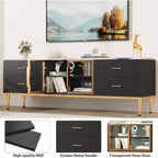 Meuble TV de 65 pouces avec lumières LED, centre de divertissement moderne pour téléviseurs jusqu'à 75 pouces, portes vitrées, motif ondulé, 4 tiroirs, pour salon