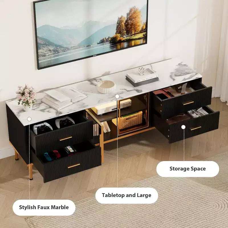 Meuble TV de 65 pouces avec lumières LED, centre de divertissement moderne pour téléviseurs jusqu'à 75 pouces, portes vitrées, motif ondulé, 4 tiroirs, pour salon