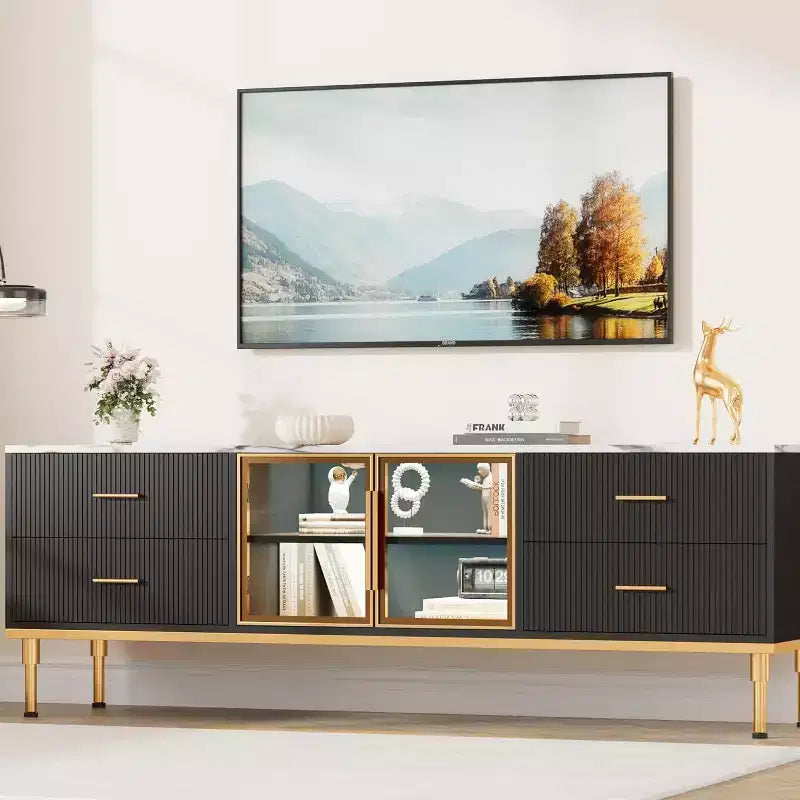 Meuble TV de 65 pouces avec lumières LED, centre de divertissement moderne pour téléviseurs jusqu'à 75 pouces, portes vitrées, motif ondulé, 4 tiroirs, pour salon