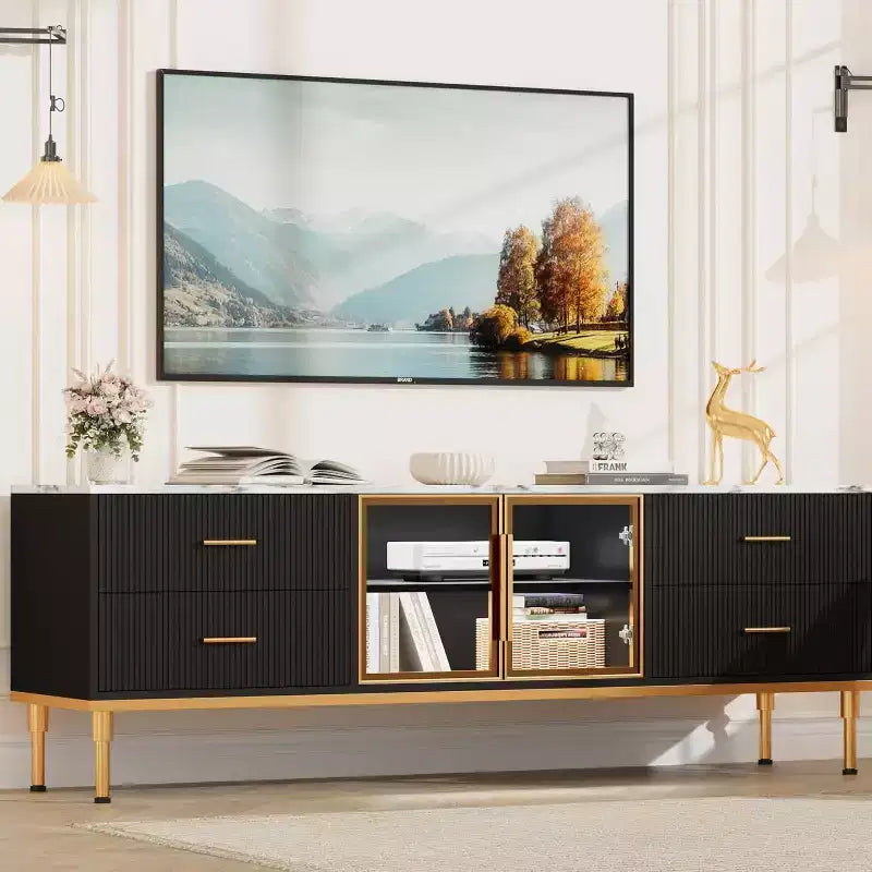 Meuble TV de 65 pouces avec lumières LED, centre de divertissement moderne pour téléviseurs jusqu'à 75 pouces, portes vitrées, motif ondulé, 4 tiroirs, pour salon