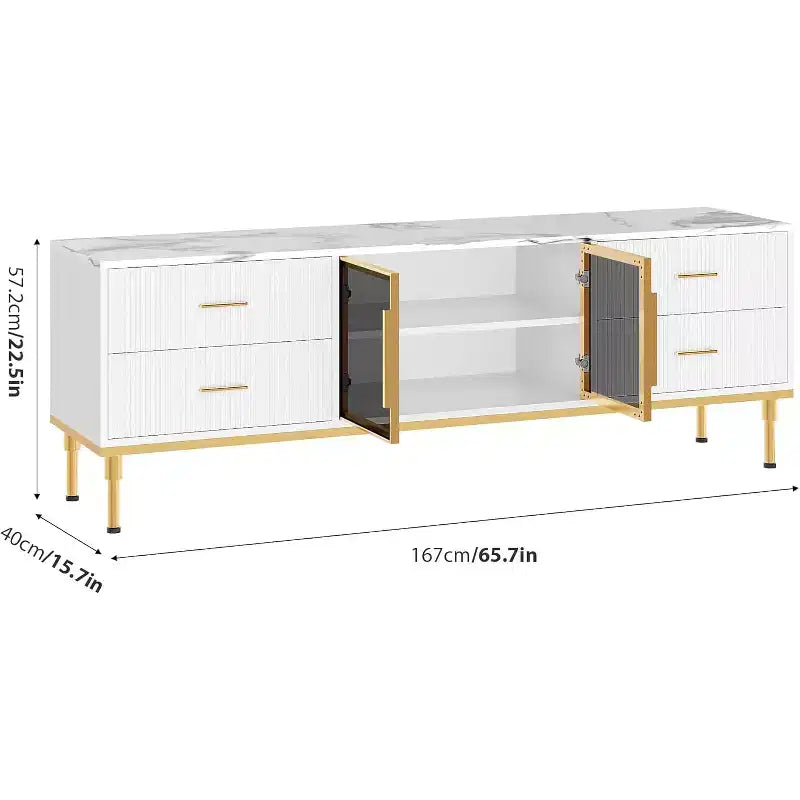 Meuble TV de 65 pouces avec lumières LED, centre de divertissement moderne pour téléviseurs jusqu'à 75 pouces, portes vitrées, motif ondulé, 4 tiroirs, pour salon
