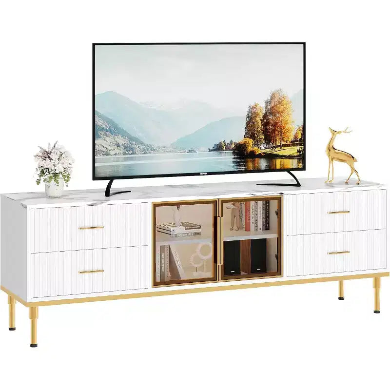 Meuble TV de 65 pouces avec lumières LED, centre de divertissement moderne pour téléviseurs jusqu'à 75 pouces, portes vitrées, motif ondulé, 4 tiroirs, pour salon