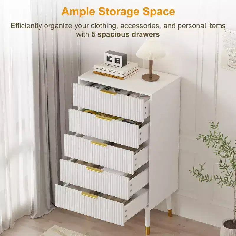 Commode à 5 tiroirs avec rangement, commode avec poignées en métal, table de chevet moderne et minimaliste, armoire de rangement pour salon, chambre à coucher, couloir