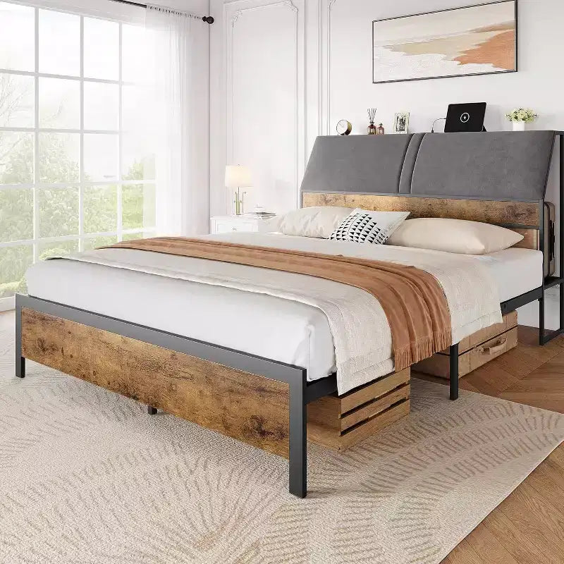 Bed Frame with Storage, Bed Frame with Ample Storage Drawers, Built-in Charging Ports and Headboard