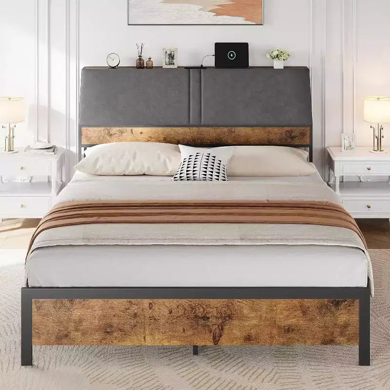 Cadre de lit avec rangement, cadre de lit avec tiroirs de rangement spacieux, ports de charge intégrés et tête de lit
