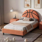 Twin Size Platform Bed, Sport Style Upholstered Bed Frame with Basketball Design for Boys & Girls, Teens, Orange -ModernLuxe