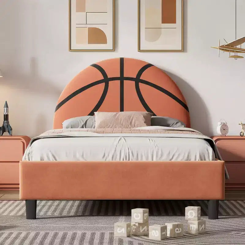 Lit plateforme double, cadre de lit rembourré de style sport avec motif de basket-ball pour garçons et filles, adolescents, orange -ModernLuxe