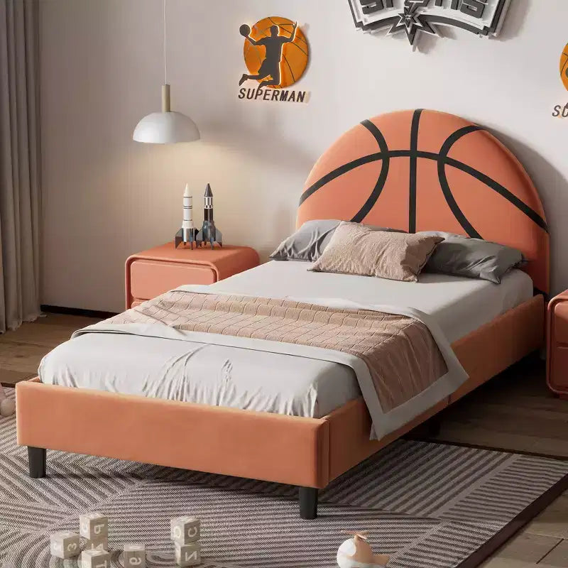 Lit plateforme double, cadre de lit rembourré de style sport avec motif de basket-ball pour garçons et filles, adolescents, orange -ModernLuxe