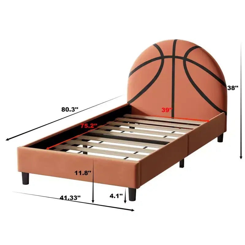 Lit plateforme double, cadre de lit rembourré de style sport avec motif de basket-ball pour garçons et filles, adolescents, orange -ModernLuxe