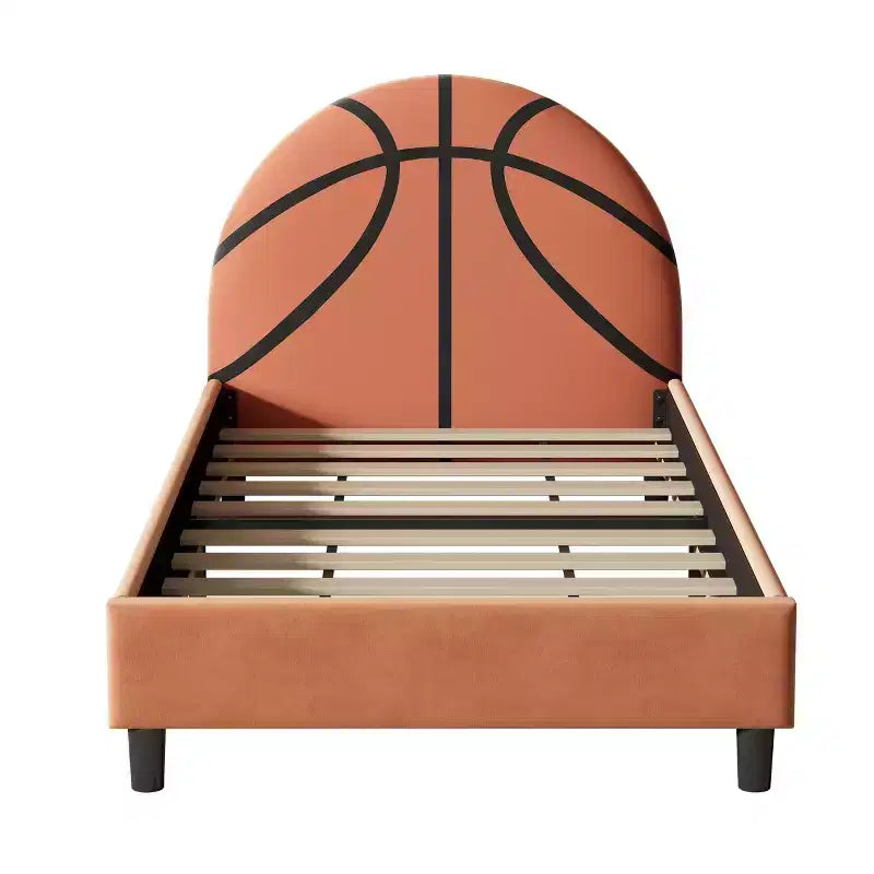 Lit plateforme double, cadre de lit rembourré de style sport avec motif de basket-ball pour garçons et filles, adolescents, orange -ModernLuxe