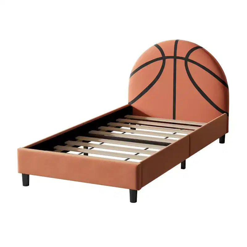 Lit plateforme double, cadre de lit rembourré de style sport avec motif de basket-ball pour garçons et filles, adolescents, orange -ModernLuxe