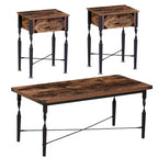 VECELO 3-Piece Coffee Table Set with Storage Drawers, End/Side Table Set for Living Room or Office, Industrial Metal Frame, Brown