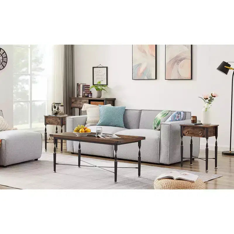 Ensemble de 3 tables basses VECELO avec tiroirs de rangement, ensemble de tables d'appoint pour salon ou bureau, cadre métallique industriel, marron