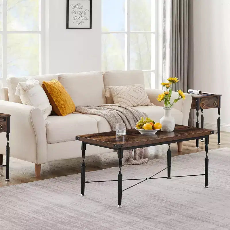 Ensemble de 3 tables basses VECELO avec tiroirs de rangement, ensemble de tables d'appoint pour salon ou bureau, cadre métallique industriel, marron