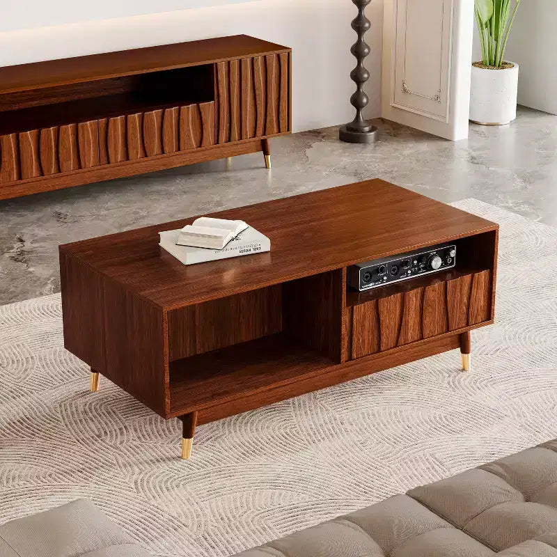 ATJafurn 47 Wooden Coffee Table with 2 Drawers and Open Storage Mid Century Modern Side Table Suitable for Living Room Apartment, Walnut